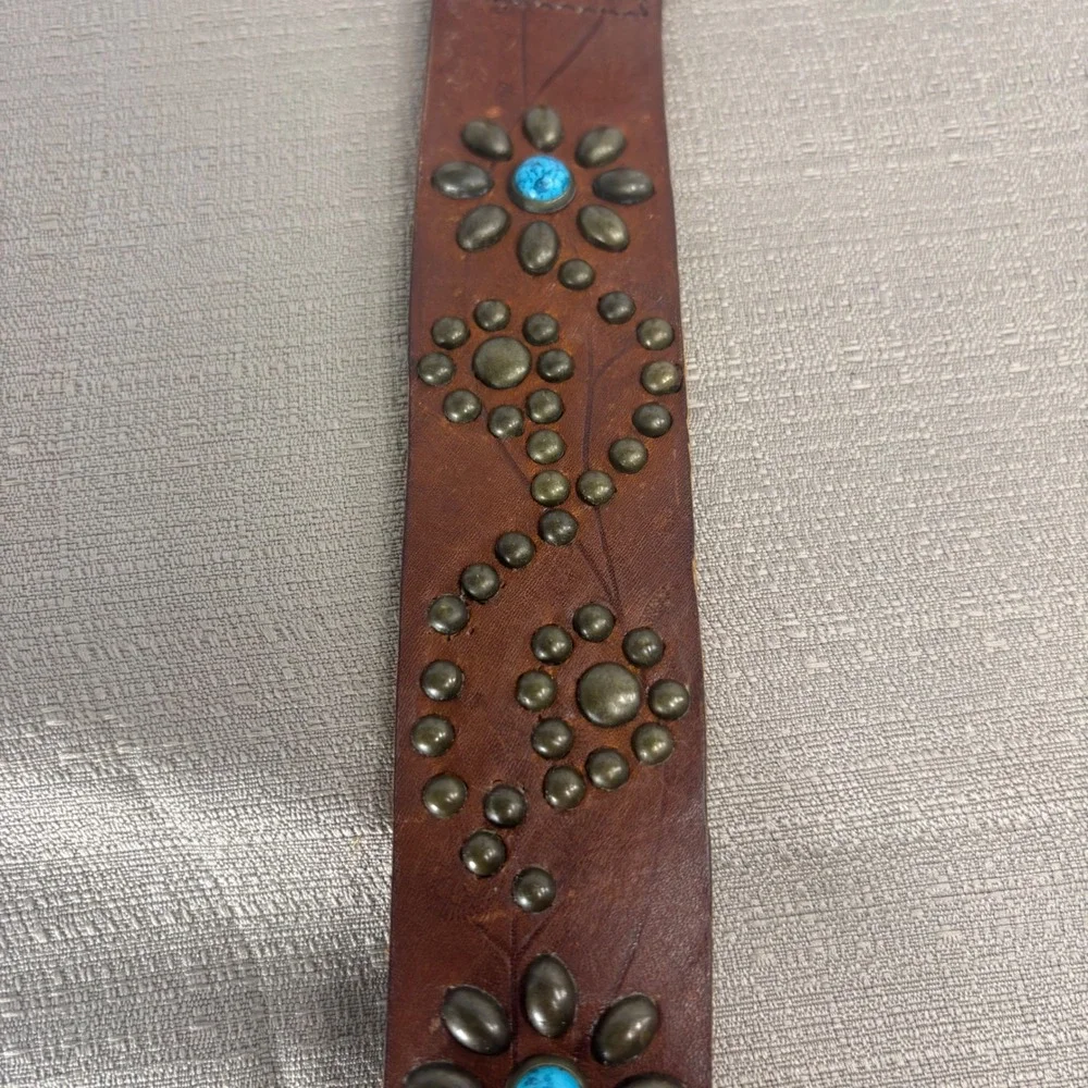 Studded Leather Belt Womens L Brown Excellent Western Boho Vintage 70s